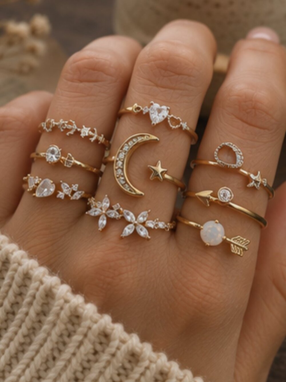 Gold Celestial Ring Set | 9 Pieces, Adjustable